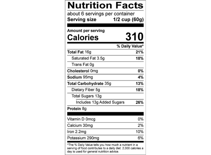 Nutrition facts label for coffee flavored Granola from Seattle Granola Company on a white background
