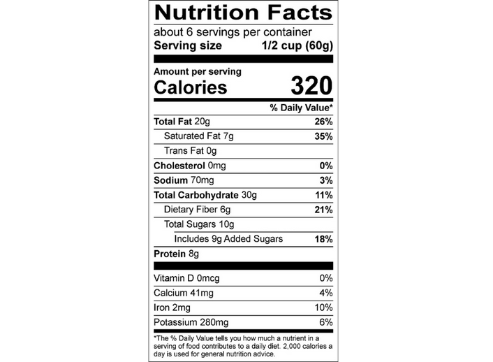 Nutrition facts label for a food product on a white background for No BS Granola from Seattle Granola Company