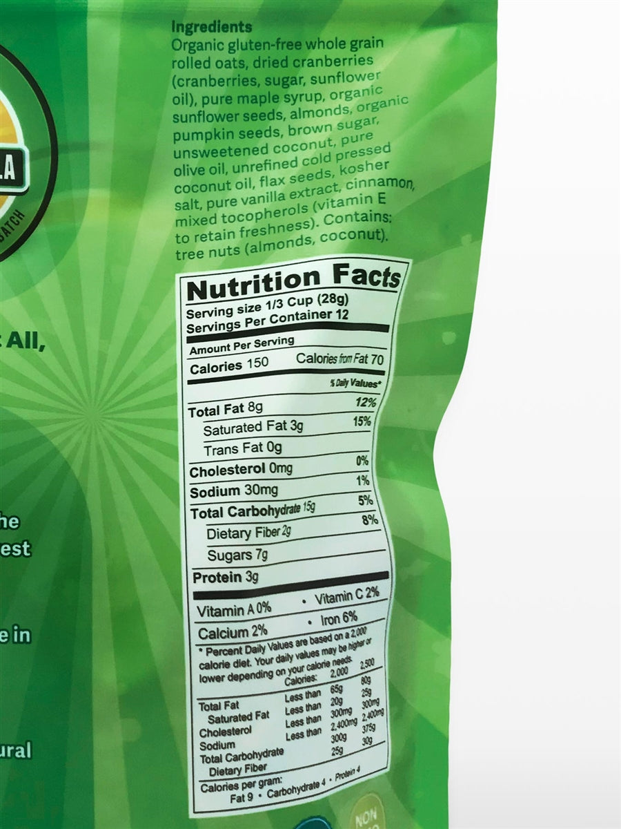 Nutrition Facts on the back of a bag of vegan, gluten-free and non-GMO Original flavor granola.