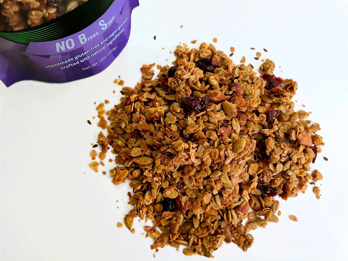 Pile of vegan, gluten-free, non-GMO and low-sugar No B.S. flavor granola.