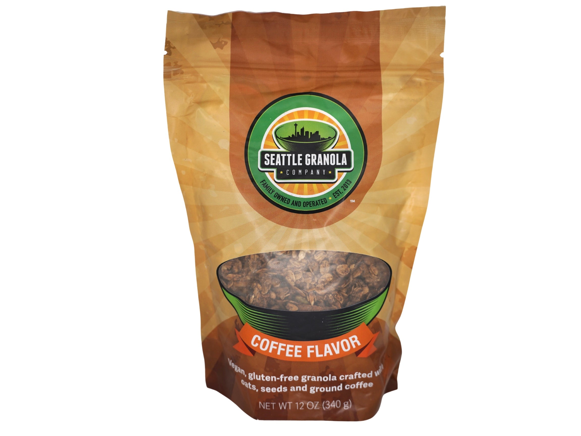 Bag of Seattle Granola Coffee Flavor granola with a visible brand logo on a white background.