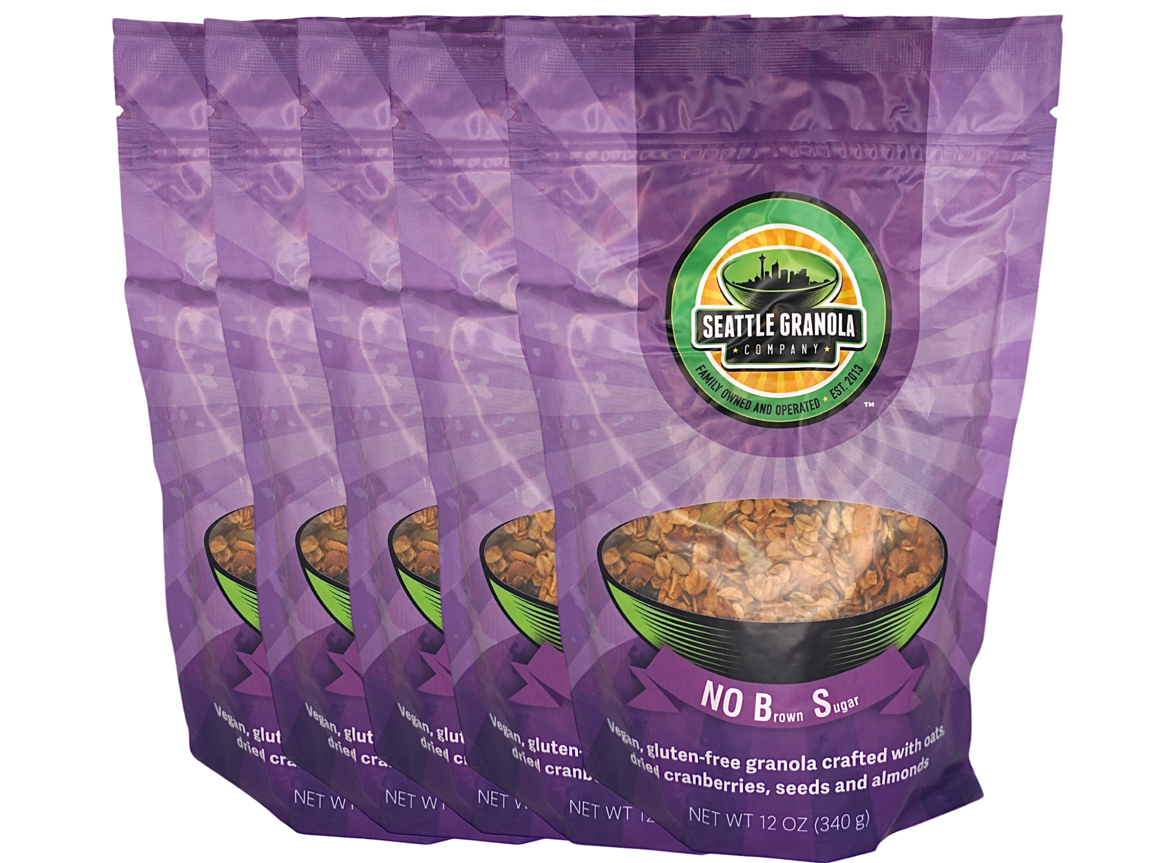 5 pack of No BS Flavor Seattle Granola with a green logo on a white background