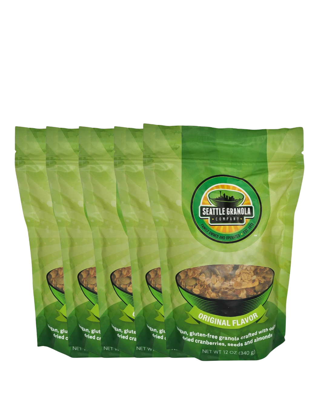 Five green bags of Original Flavor Seattle Granola on a white background