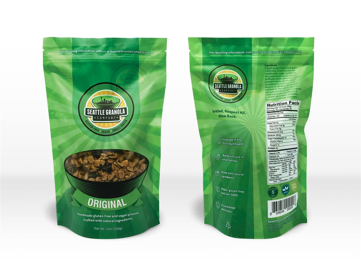Front and back views of a bag of vegan, gluten-free and non-GMO Original flavor granola.