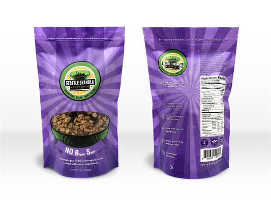 Front and back views of a bag of vegan, gluten-free, non-GMO and low-sugar No B.S. flavor granola.