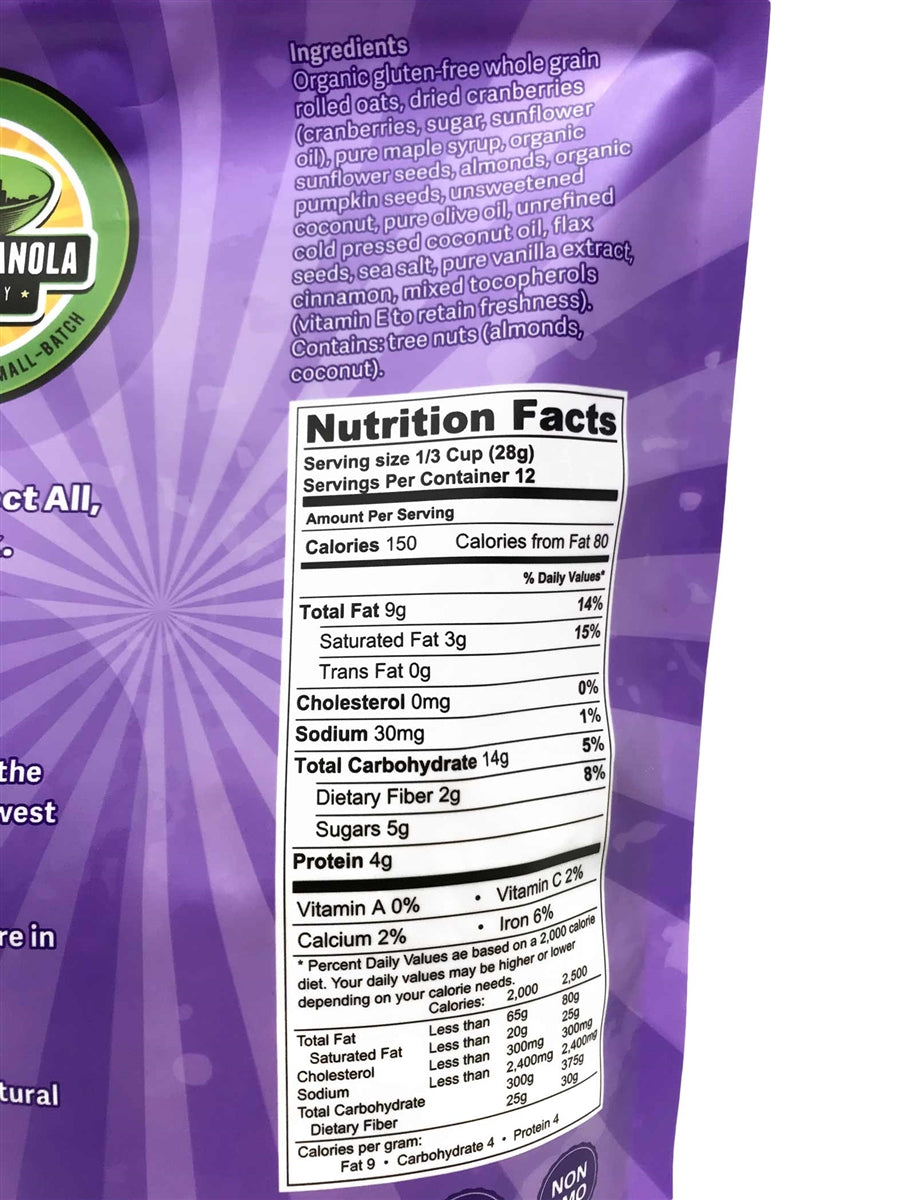 Nutrition Facts on the back of a bag of vegan, gluten-free, non-GMO and low-sugar No B.S. flavor granola.