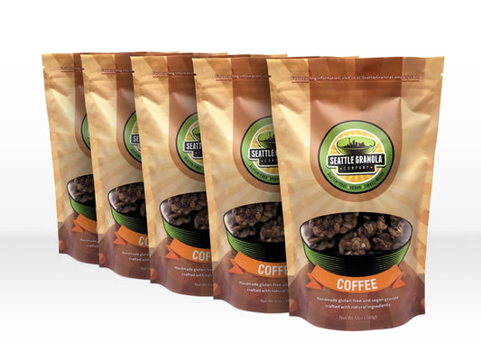 Five bags of vegan, gluten-free and non-GMO granola baked with fresh-ground arabica coffee beans.