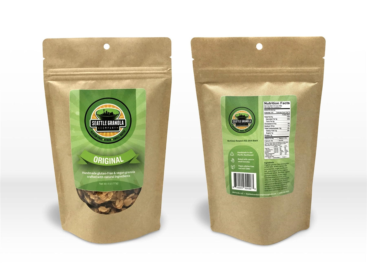 Front view of a small bag of vegan, gluten-free and non-GMO Original flavor granola.