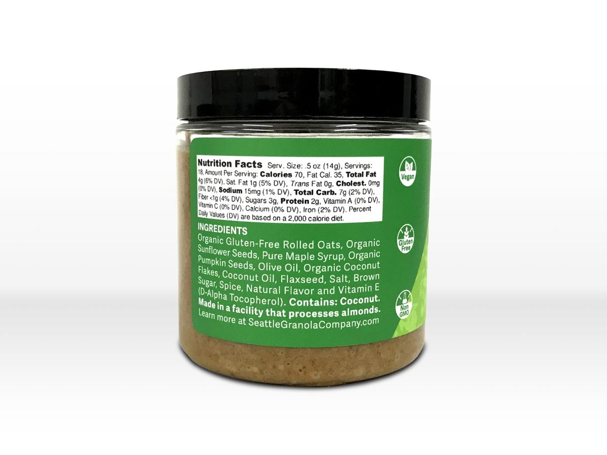 Nutrition Facts and Ingredients list on a jar of vegan, gluten-free and non-GMO Original flavor Granola Spread.