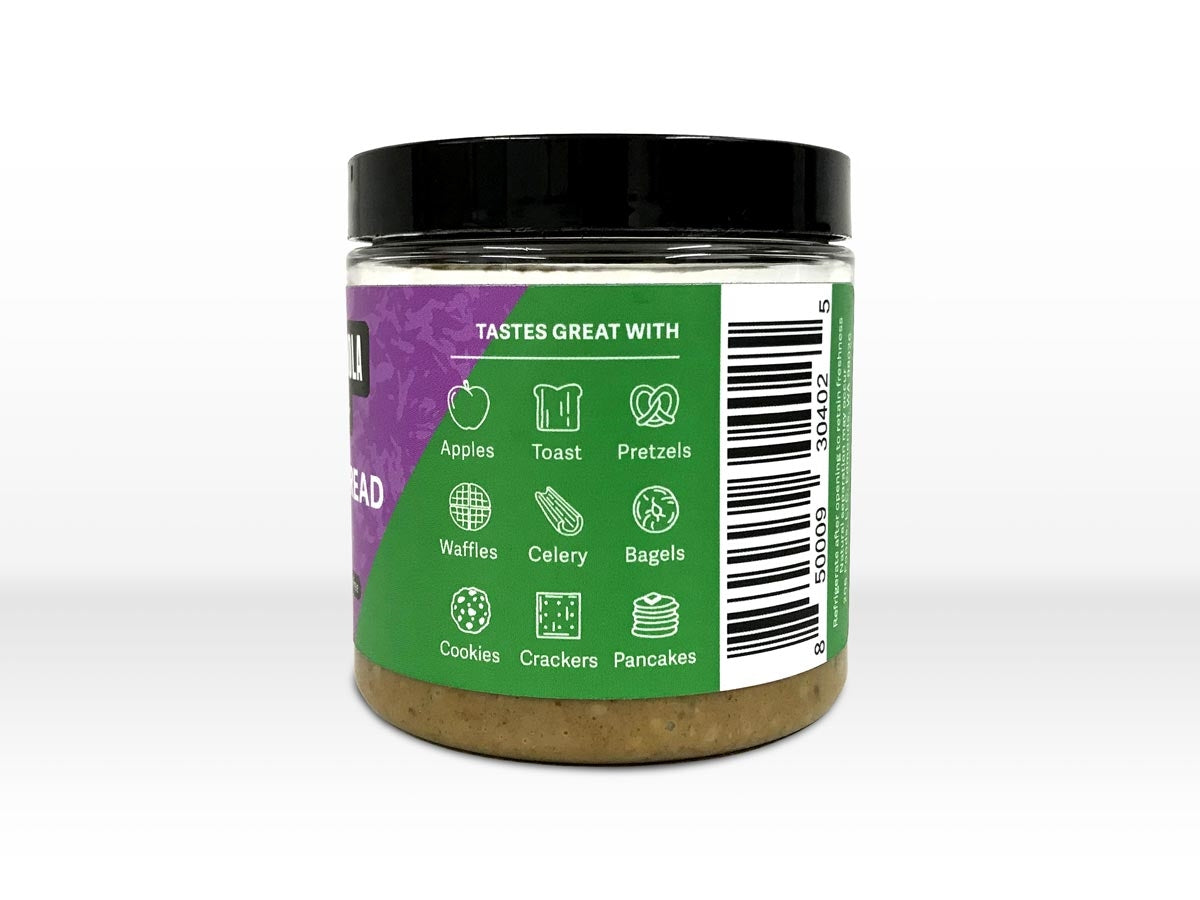 Illustrations on a jar of vegan, gluten-free, non-GMO and low-sugar No B.S. flavor Granola Spread.
