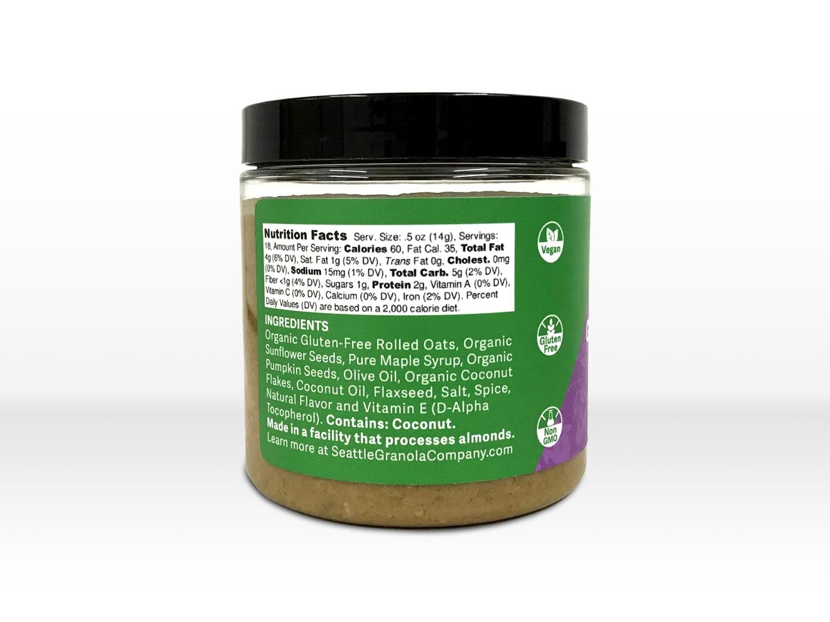 Nutrition Facts and Ingredients list on a jar of vegan, gluten-free, non-GMO and low-sugar No B.S. flavor Granola Spread.