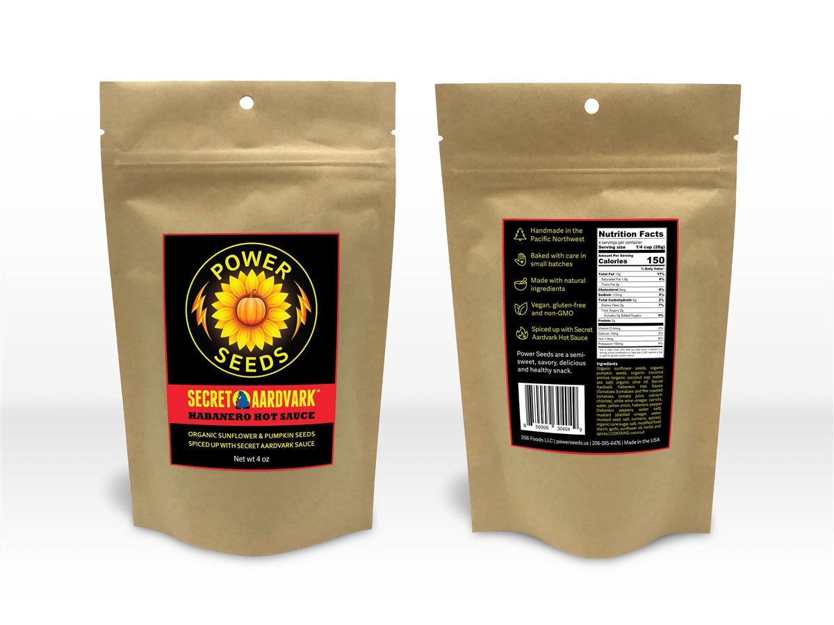 Front and back views of a bag of keto Power Seeds roasted with organic coconut aminos and Secret Aardvark Habanero hot sauce.