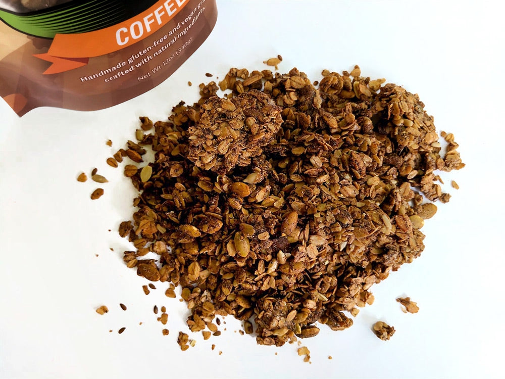 Vegan, gluten-free and non-GMO granola baked with fresh-ground arabica coffee beans.
