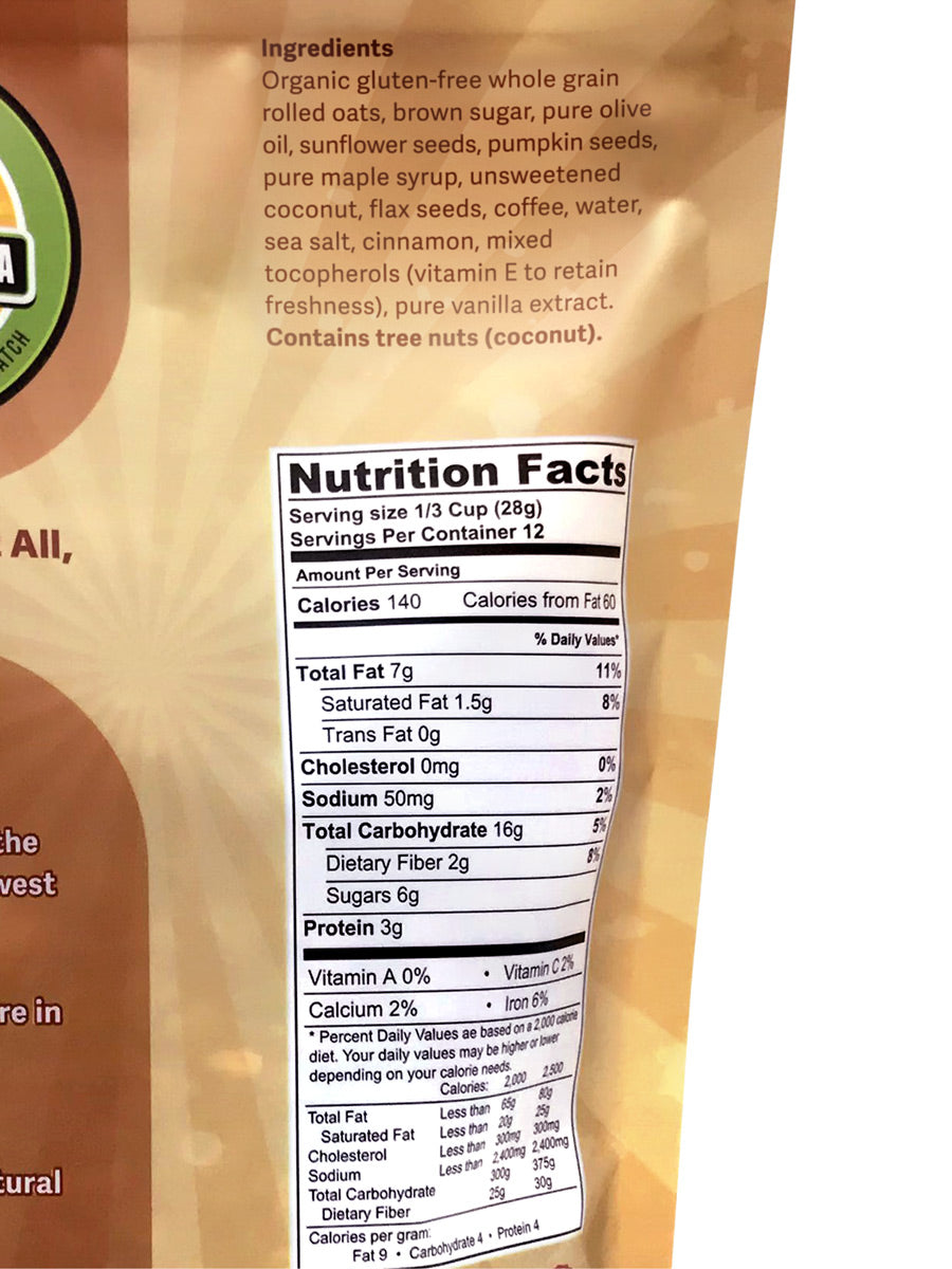 Nutrition Facts on the back of a bag of vegan, gluten-free and non-GMO granola baked with fresh-ground arabica coffee beans.
