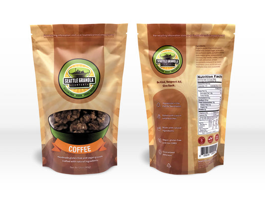 Front and back views of a bag of vegan, gluten-free and non-GMO granola baked with fresh-ground arabica coffee beans.