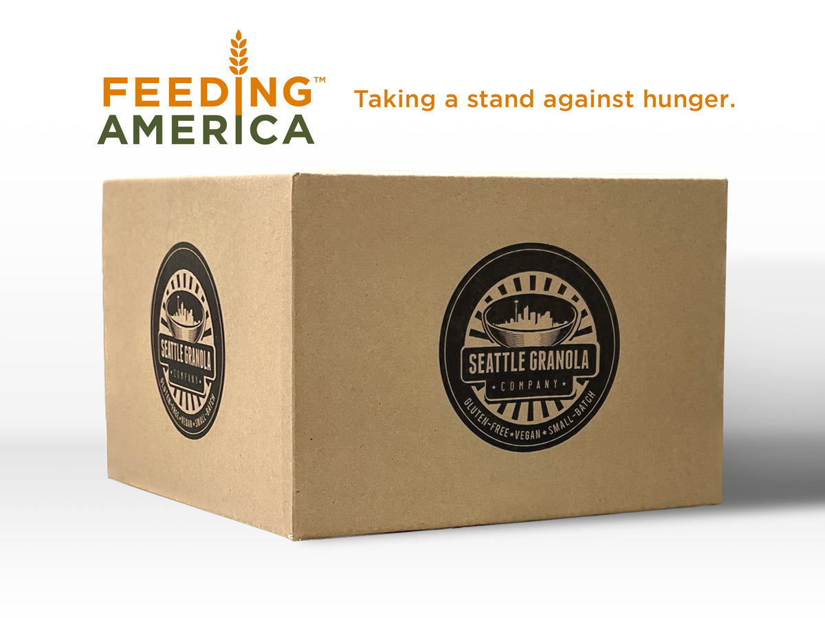 Feeding America logo with the title "taking a stand against hunger." above a box of vegan, gluten-free and non-GMO granola.